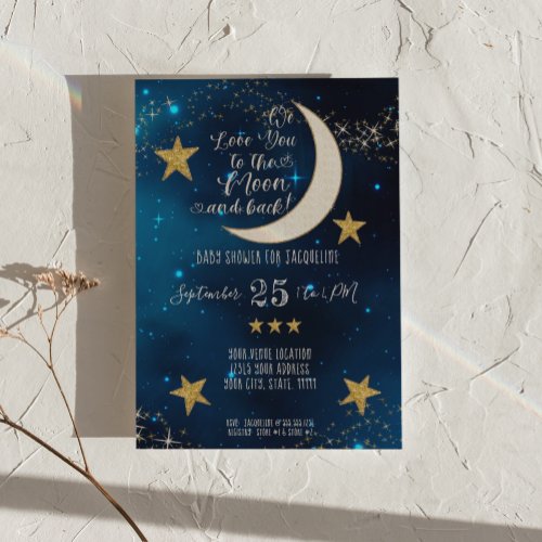 Twinkle Little Star Navy Blue Moon Boy Baby Shower Invitation