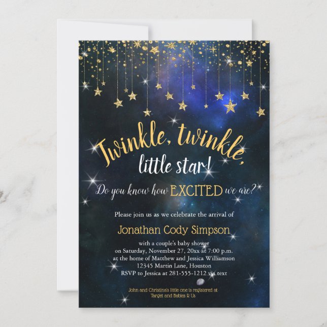 Twinkle Little Star Navy Gold Galaxy Baby Shower Invitation (Front)