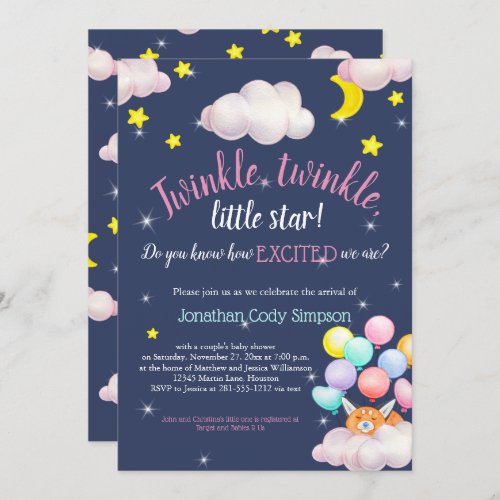 Twinkle Little Star Navy Woodland Fox Baby Shower Invitation
