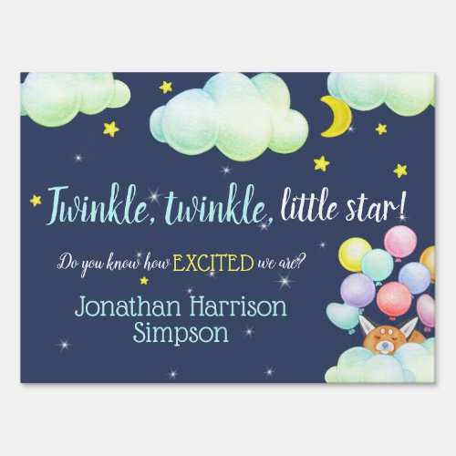 Twinkle Little Star Navy Woodland Fox Baby Shower Sign