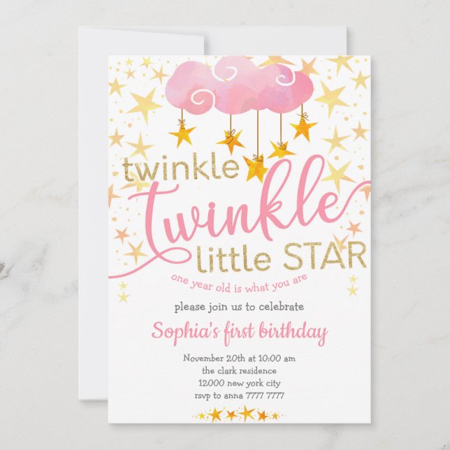 Twinkle Little Star ONE year Baby Girl Birthday Invitation (Front)