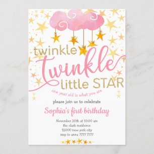 Twinkle Little Star ONE year Baby Girl Birthday Invitation