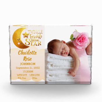 Twinkle Little Star Pink Birth Announcement Baby Photo Block by VisionsandVerses at Zazzle