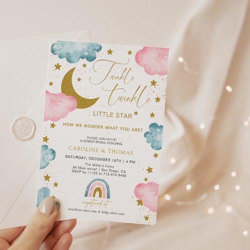 Twinkle Little Star Pink Blue  Gold Gender Reveal Invitation