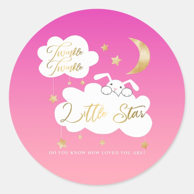 Twinkle Little Star Pink Bunny Baby Shower Favor Classic Round Sticker (Front)