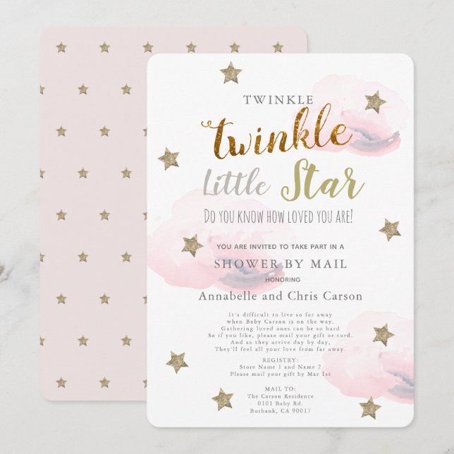 Twinkle Little Star Pink Cloud Baby Shower By Mail Invitation (Front/Back)