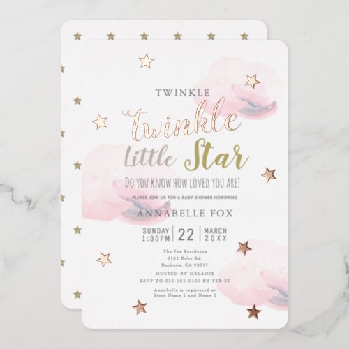 Twinkle Little Star Pink Clouds Baby Shower Foil Invitation