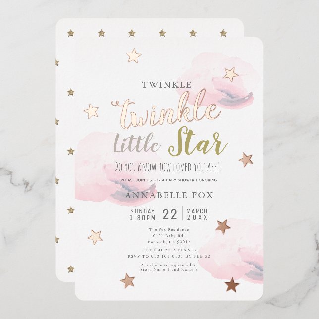Twinkle Little Star Pink Clouds Baby Shower Foil Invitation (Front/Back)