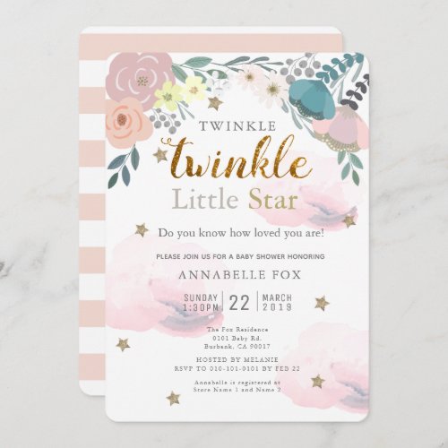 Twinkle Little Star Pink Floral Baby Shower Invitation