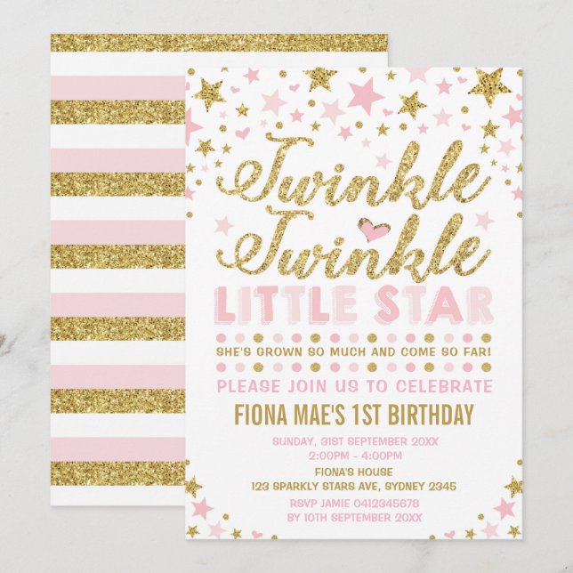 Twinkle Little Star Pink & Gold Birthday Invite (Front/Back)