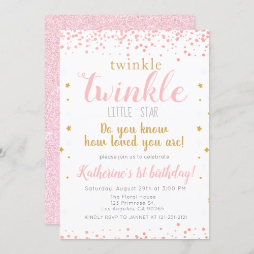 Twinkle Little Star Pink  Gold Girls 1st Birthday Invitation