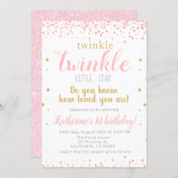 Twinkle Little Star Pink & Gold Girls 1st Birthday Invitation