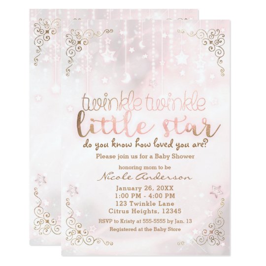 Twinkle Little Star Pink Gold Sparkle Baby Shower Invitation