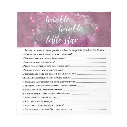 Twinkle Little Star  Pink Gray Nursery Rhyme Quiz Notepad