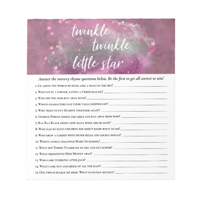 Twinkle Little Star | Pink Gray Nursery Rhyme Quiz Notepad (Front)