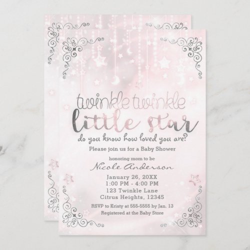 Twinkle little Star Pink  Silver Baby Shower Invitation