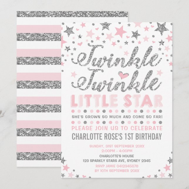 Twinkle Little Star Pink Silver Birthday Invite (Front/Back)