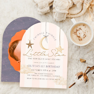 Twinkle Little Star Pink Stripe Photo 1st Birthday Invitation