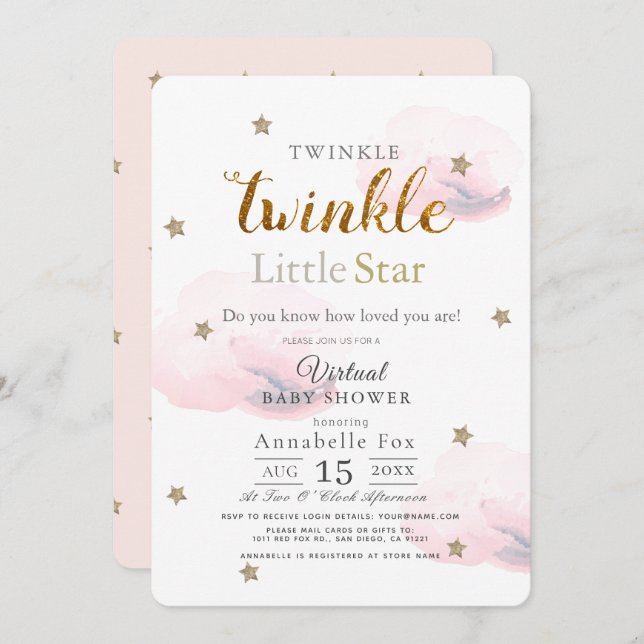 Twinkle Little Star Pink Virtual Baby Shower Invitation (Front/Back)