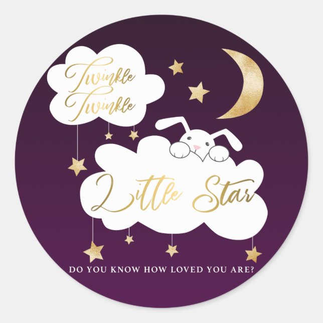 Twinkle Little Star Purple Bunny Baby Shower Favor Classic Round Sticker (Front)