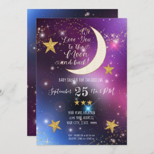 Twinkle Little Star Purple Gold Moon Baby Shower Invitation