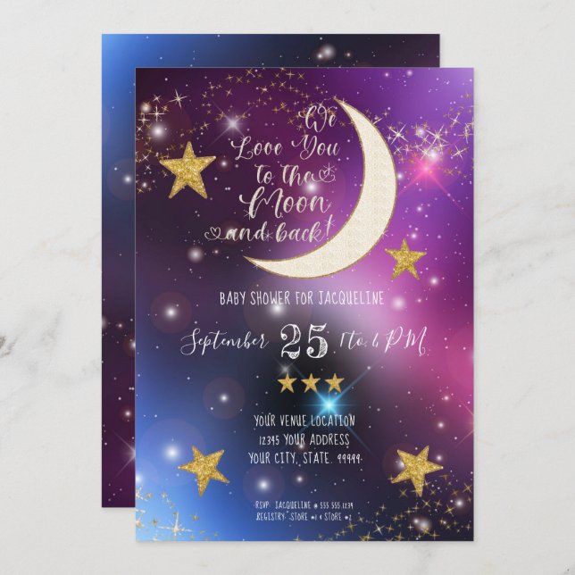 Twinkle Little Star Purple Gold Moon Baby Shower Invitation (Front/Back)