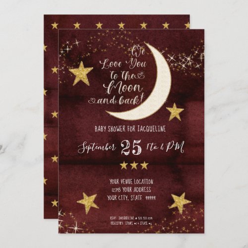 Twinkle Little Star Red Burgundy Moon Baby Shower Invitation