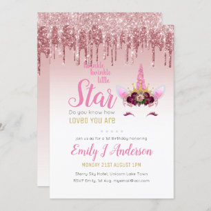 Twinkle Little Star Rose Gold Pink Unicorn Glitter Invitation