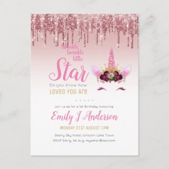 Twinkle Little Star Rose Gold Pink Unicorn Glitter Postcard by invitationz at Zazzle