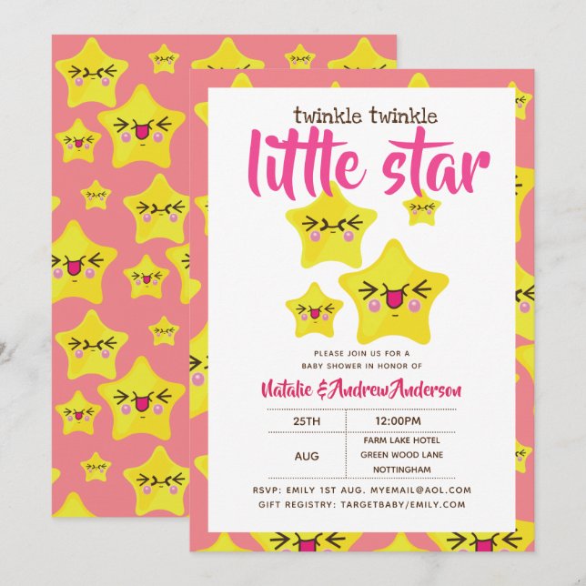Twinkle Little Star Shower Pink Yellow Modern Cute Invitation (Front/Back)
