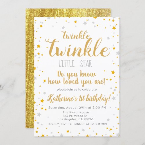 Twinkle Little Star Silver  Gold Girls Birthday Invitation