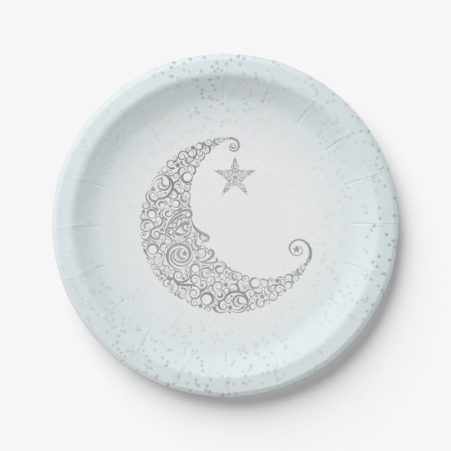 Twinkle Little Star Silver Moon Blue Paper Plates (Front)