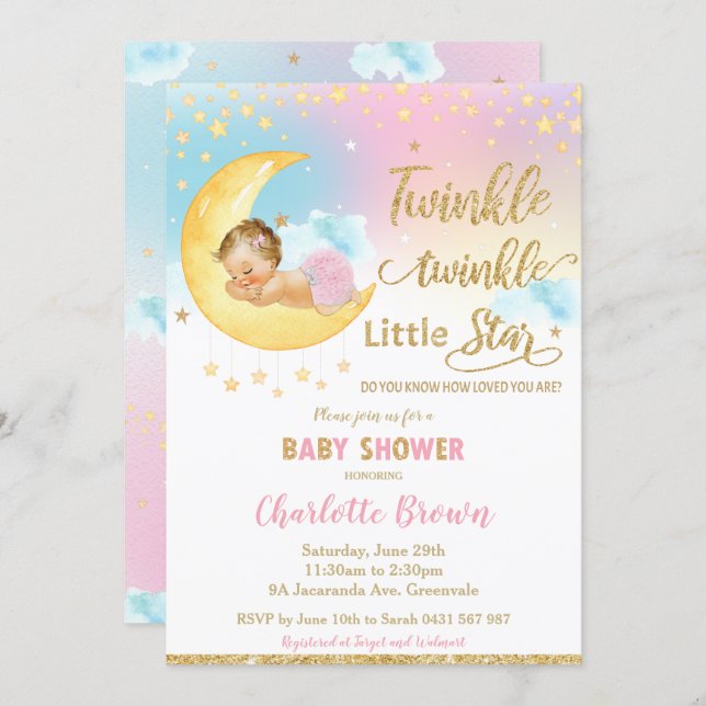 Twinkle Little Star Sleeping Baby Shower Girl  Inv Invitation (Front/Back)