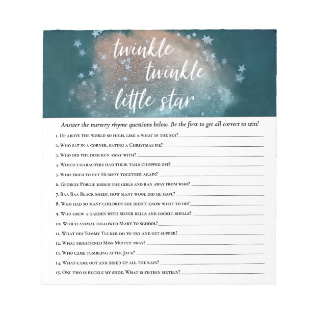 Twinkle Little Star | Teal Copper Blue Shower Game Notepad (Front)