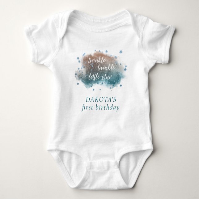 Twinkle Little Star | Teal Green and Taupe Brown Baby Bodysuit (Front)