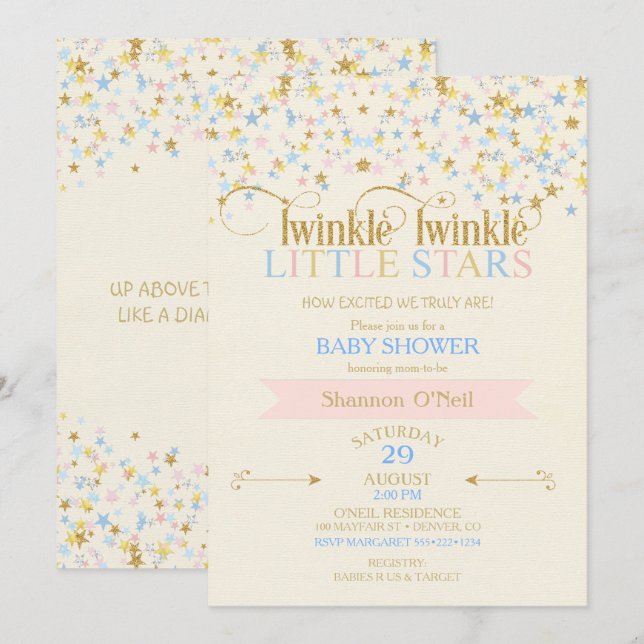 Twinkle Little Star Twins Baby Shower Pink & Blue Invitation (Front/Back)