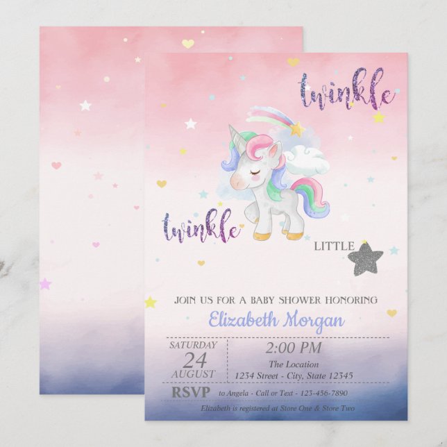 Twinkle Little Star Unicorn Baby Shower Invitation (Front/Back)