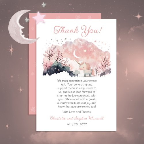 Twinkle Little Star Unicorn Pink Girl Baby Shower Thank You Card