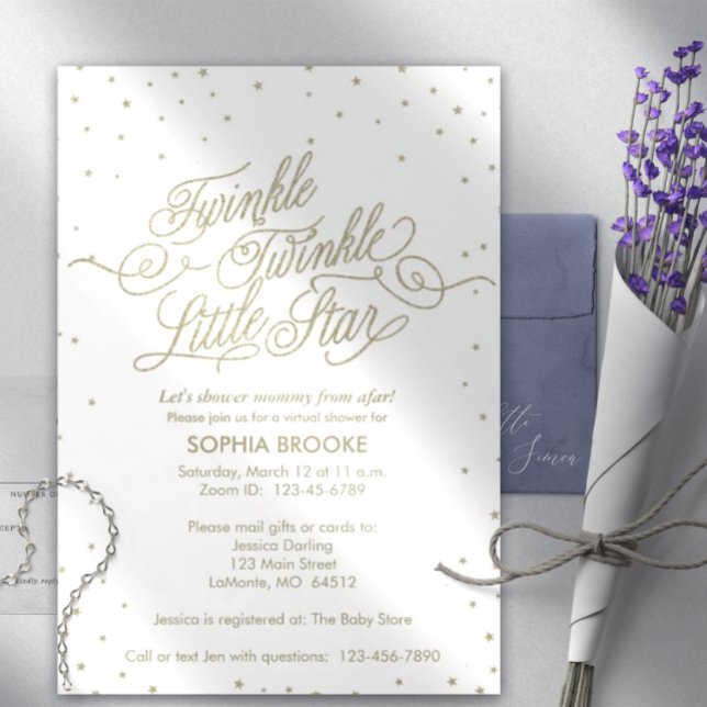 Twinkle Little Star Virtual Gold White Baby Shower Invitation