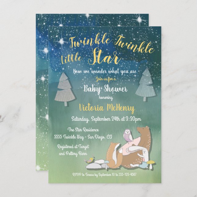 Twinkle little star watercolor animals baby shower invitation (Front/Back)
