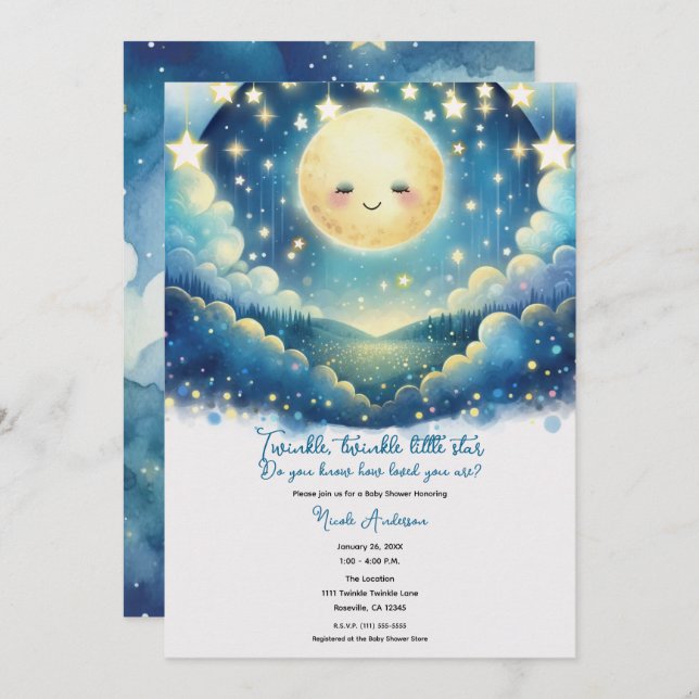 Twinkle Little Star Watercolor Baby Shower Invitation (Front/Back)