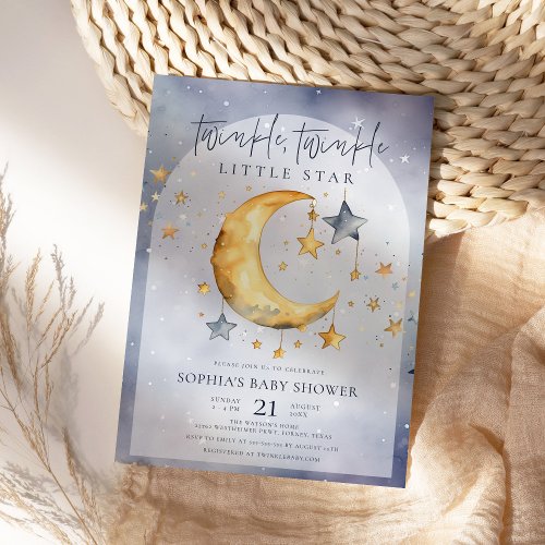 Twinkle Little Star Watercolor Moon Baby Shower Invitation
