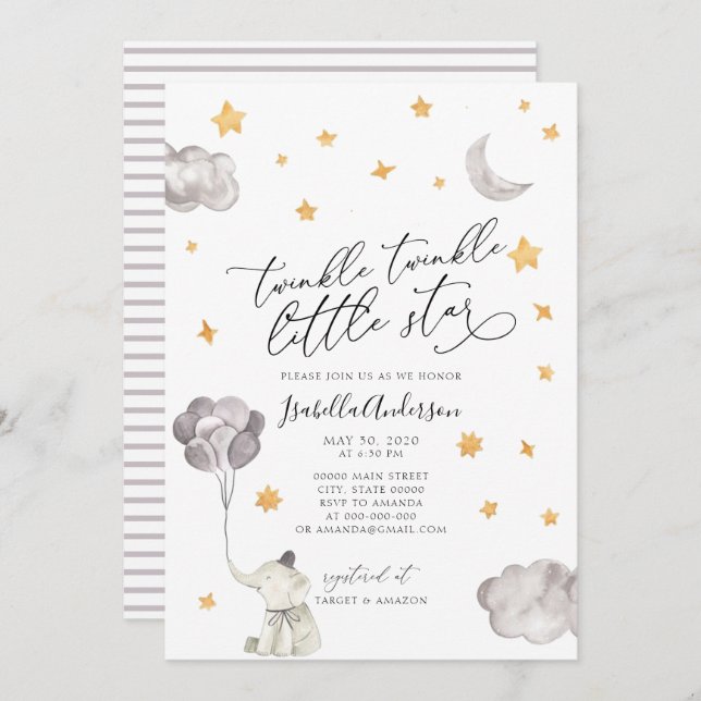 Twinkle Little Star Yellow Elephant Baby Shower Invitation (Front/Back)