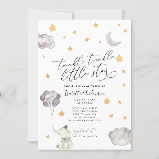 Twinkle Little Star Yellow Elephant Baby Shower Invitation | Zazzle