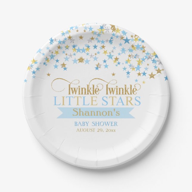 Twinkle Little Stars Baby Twin Boys Blue Gold Paper Plates (Front)