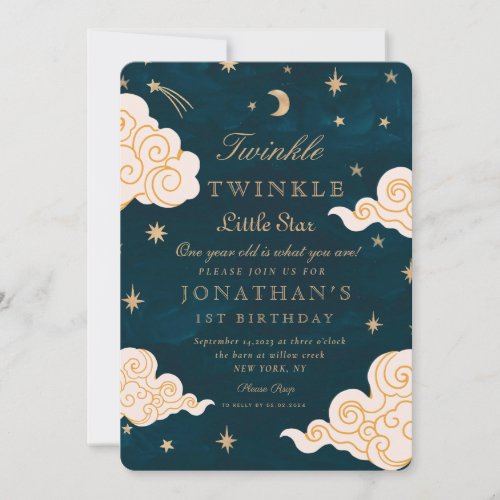 Twinkle Little Stars Cute Moon 1st Birthday Invitation