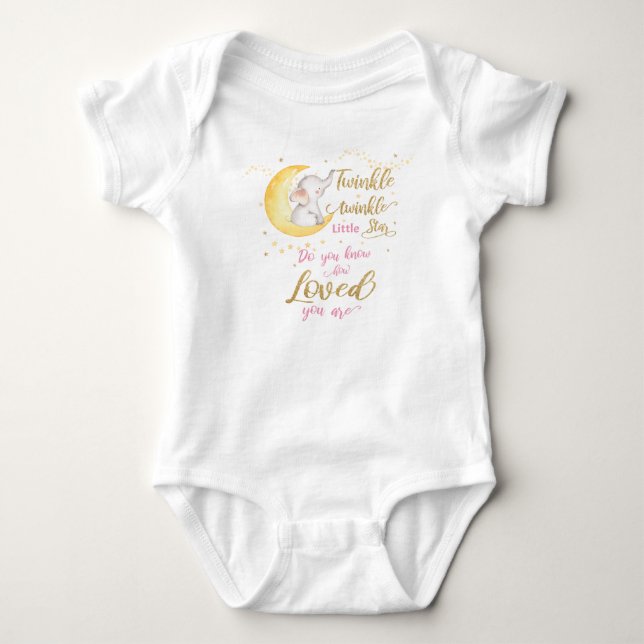 Twinkle Little Stars Elephant Crescent Moon Pink  Baby Bodysuit (Front)