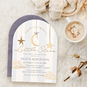 Twinkle Little Stars Gray Stripes Twin Baby Shower Invitation