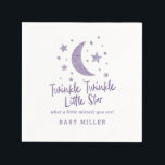 Twinkle Little Stars Lavender Baby Shower Napkins<br><div class="desc">Sweet baby shower paper napkin for your star theme party. There is a shape of moon and stars in lavender faux foil. The text says "Twinkle Twinkle Little Star what a little miracle you are!" Add the baby's family name. The texts are easily customizable online.</div>