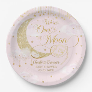 Twinkle Little Stars Moon Pastel Pink Baby Shower Paper Plates